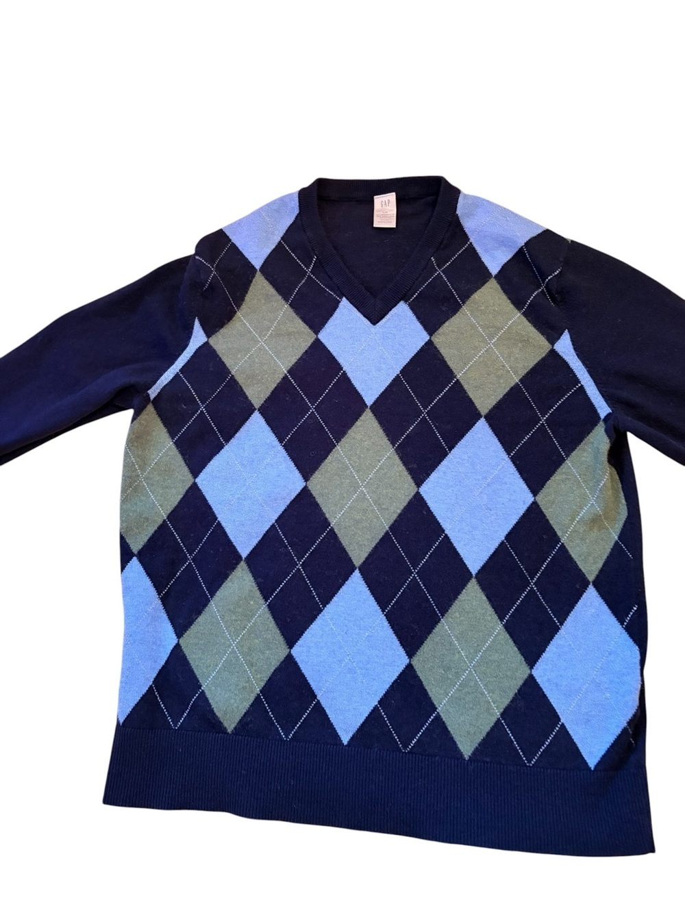 GAP Men's Argyle V-Neck Sweater - Navy, Light Blue & Olive Green